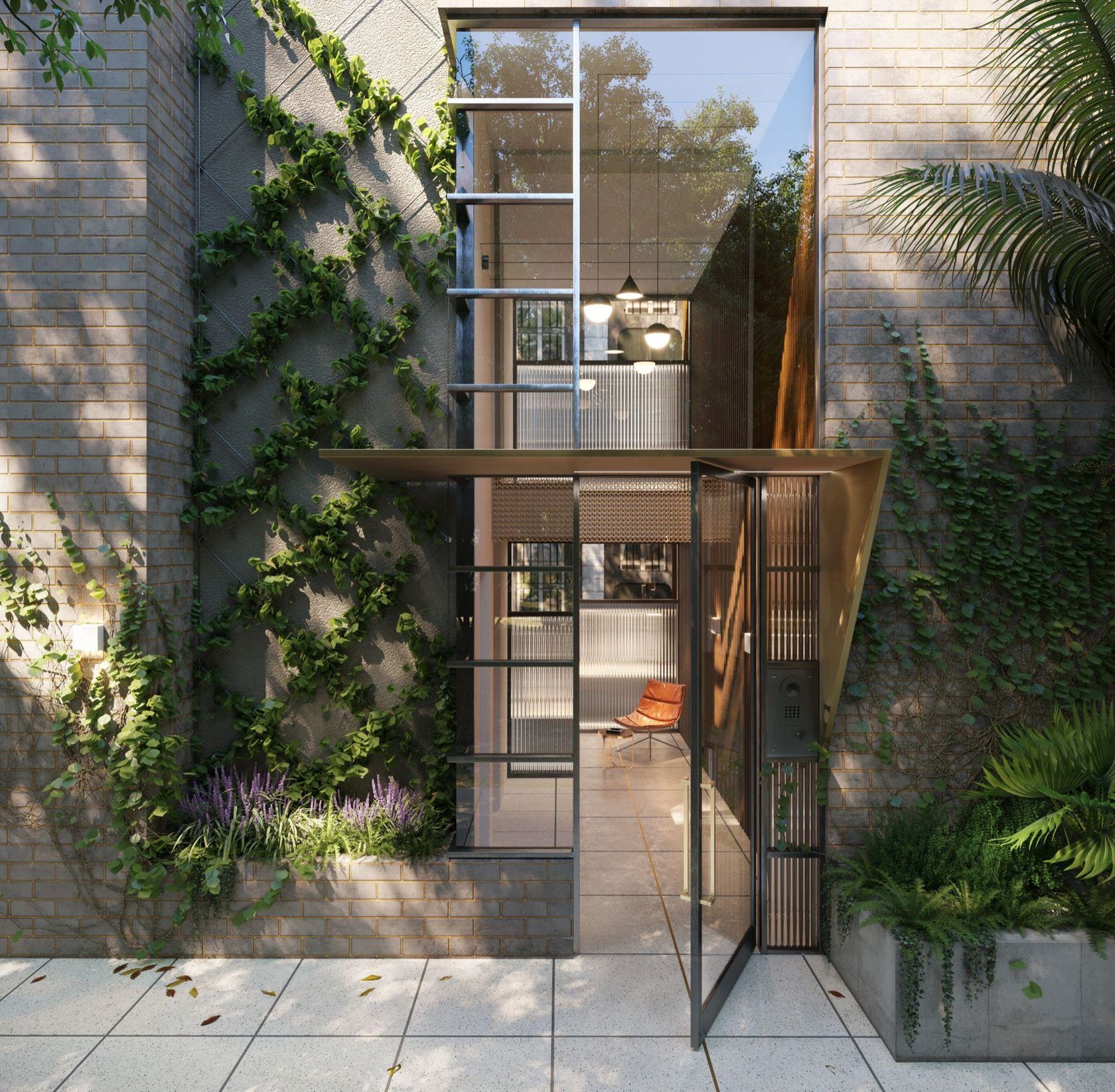 Brick entrance with climbing ivy and a pivot glass door, Canterbury